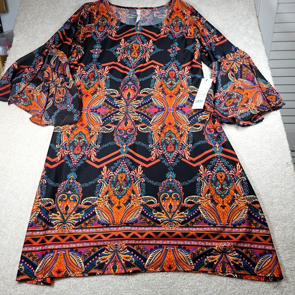 NY Collection Dress Womens XL Neon Firecombo Paisley Bell Sleeve Boho A-Line NWT